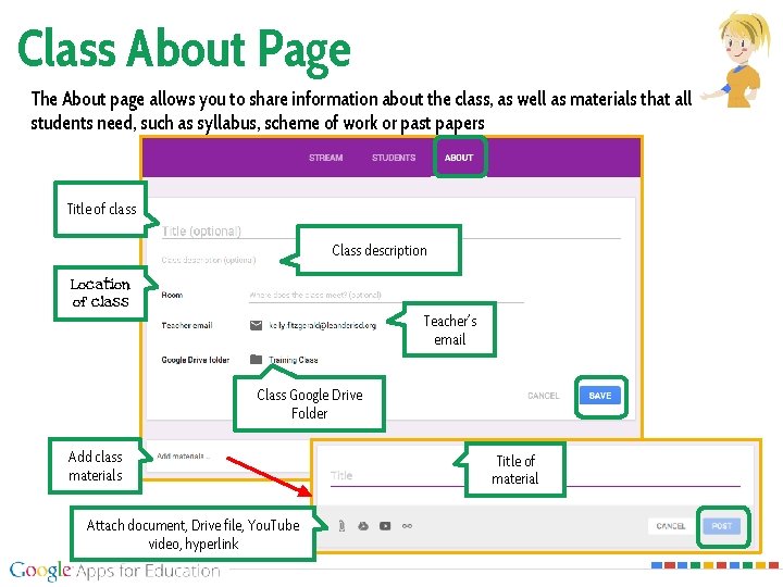 Class About Page The About page allows you to share information about the class,