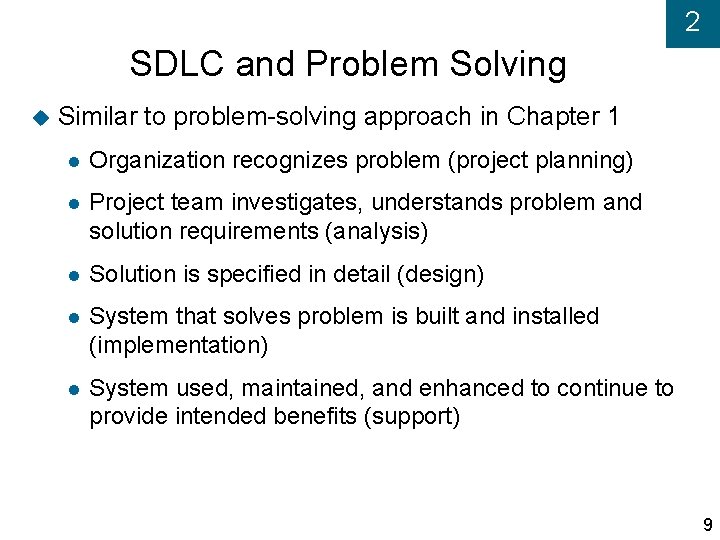 2 SDLC and Problem Solving Similar to problem-solving approach in Chapter 1 Organization recognizes