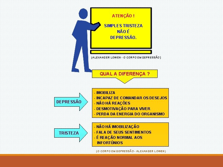 ATENÇÃO ! SIMPLES TRISTEZA NÃO É DEPRESSÃO. (ALEXANDER LOWEN - O CORPO EM DEPRESSÃO)