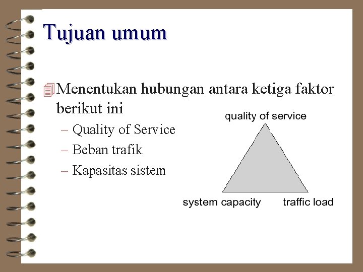 Tujuan umum 4 Menentukan hubungan antara ketiga faktor berikut ini – Quality of Service