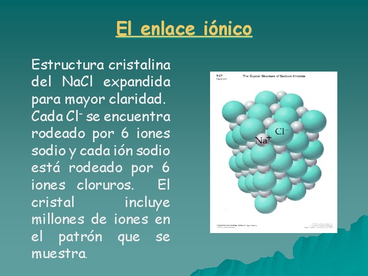 El enlace iónico Estructura cristalina del Na. Cl expandida para mayor claridad. Cada Cl- El enlace iónico Estructura cristalina del Na. Cl expandida para mayor claridad. Cada Cl-