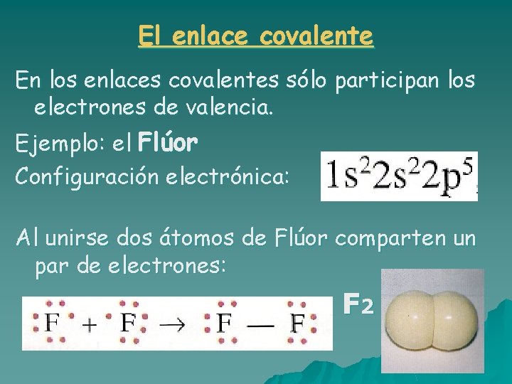 El enlace covalente En los enlaces covalentes sólo participan los electrones de valencia. Ejemplo: El enlace covalente En los enlaces covalentes sólo participan los electrones de valencia. Ejemplo:
