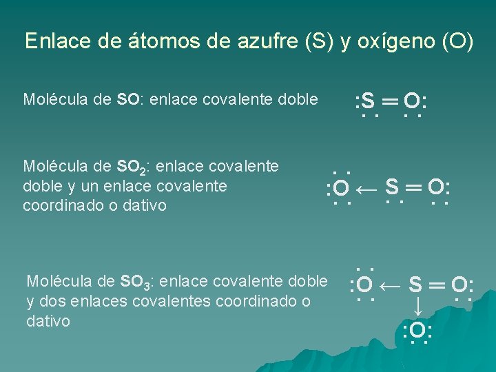 Enlace de átomos de azufre (S) y oxígeno (O) : S ═ O: ˙˙ Enlace de átomos de azufre (S) y oxígeno (O) : S ═ O: ˙˙