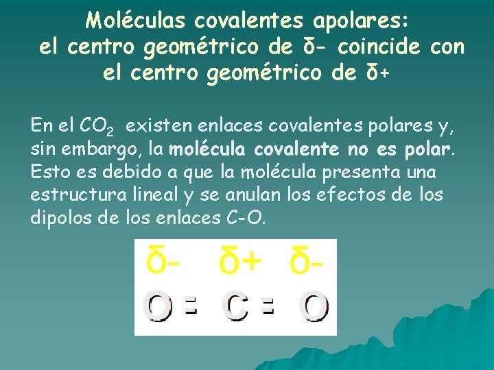 Moléculas covalentes apolares: el centro geométrico de δ- coincide con el centro geométrico de Moléculas covalentes apolares: el centro geométrico de δ- coincide con el centro geométrico de