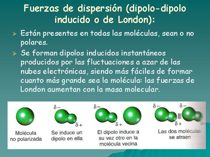 Fuerzas de dispersión (dipolo-dipolo inducido o de London): Ø Ø Están presentes en todas Fuerzas de dispersión (dipolo-dipolo inducido o de London): Ø Ø Están presentes en todas