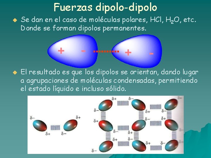 Fuerzas dipolo-dipolo u Se dan en el caso de moléculas polares, HCl, H 2 Fuerzas dipolo-dipolo u Se dan en el caso de moléculas polares, HCl, H 2