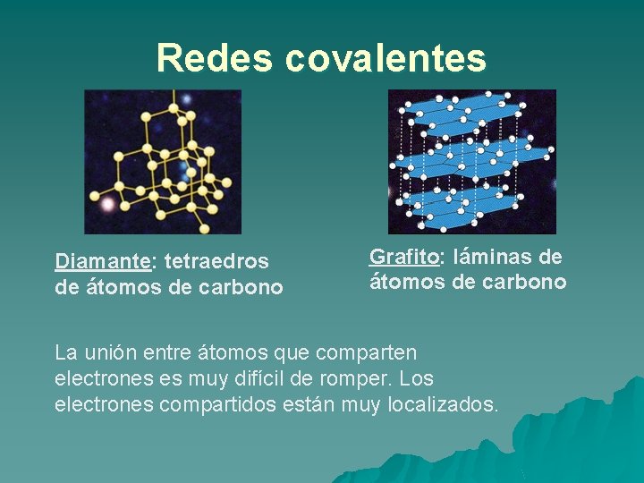 Redes covalentes Diamante: tetraedros de átomos de carbono Grafito: láminas de átomos de carbono Redes covalentes Diamante: tetraedros de átomos de carbono Grafito: láminas de átomos de carbono