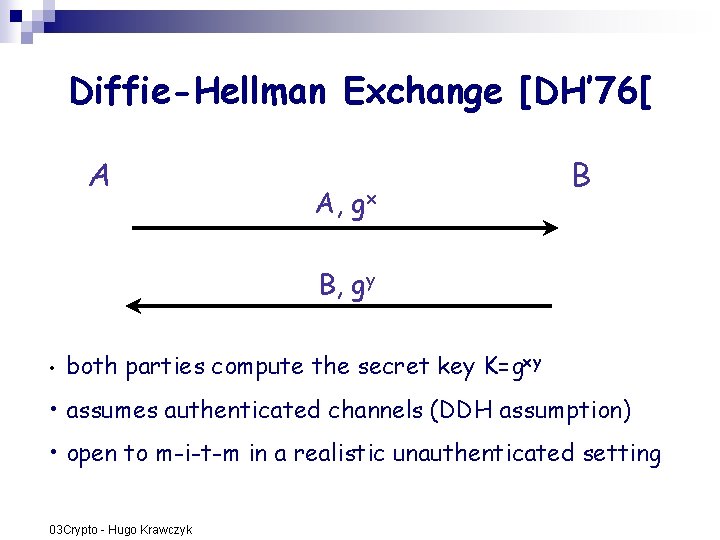 Diffie-Hellman Exchange [DH’ 76[ A A, gx B B, gy • both parties compute Diffie-Hellman Exchange [DH’ 76[ A A, gx B B, gy • both parties compute