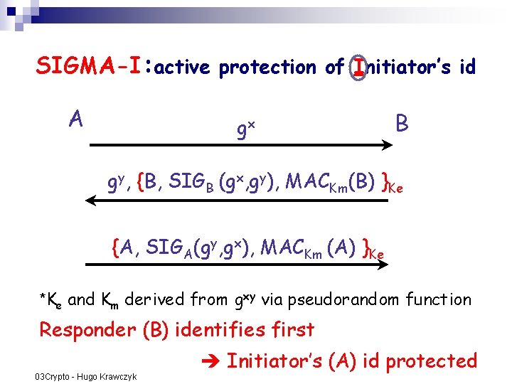 SIGMA-I: active protection of Initiator’s id A gx B gy, {B, SIGB (gx, gy), SIGMA-I: active protection of Initiator’s id A gx B gy, {B, SIGB (gx, gy),