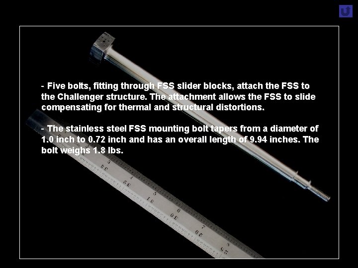 - Five bolts, fitting through FSS slider blocks, attach the FSS to the Challenger - Five bolts, fitting through FSS slider blocks, attach the FSS to the Challenger