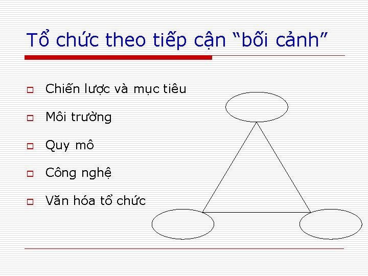 Tổ chức theo tiếp cận “bối cảnh” o Chiến lược và mục tiêu o