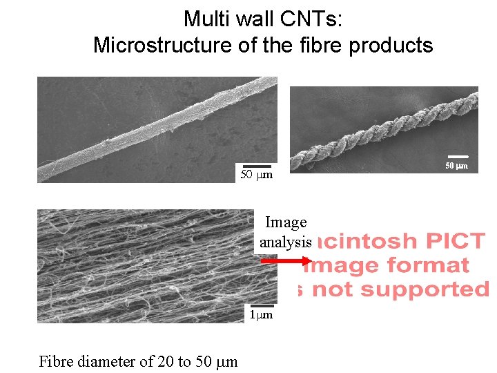 Multi wall CNTs: Microstructure of the fibre products 50 m Image analysis 1 m