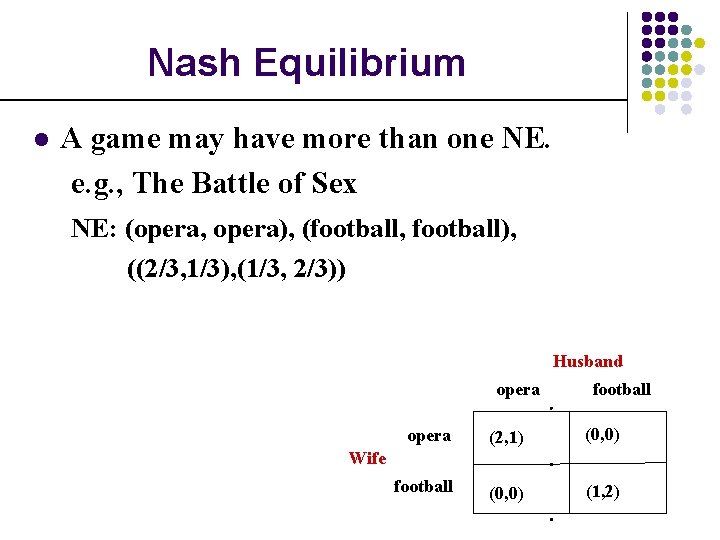 Nash Equilibrium l A game may have more than one NE. e. g. ,