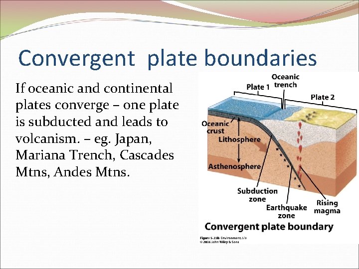 Convergent plate boundaries If oceanic and continental plates converge – one plate is subducted Convergent plate boundaries If oceanic and continental plates converge – one plate is subducted