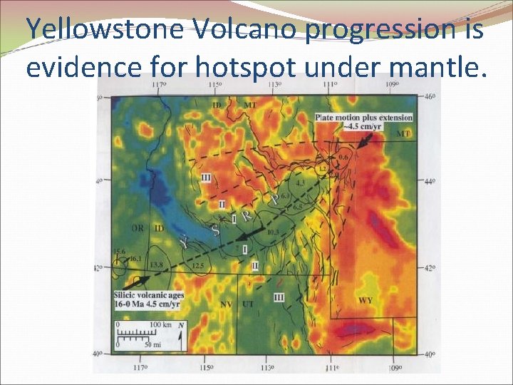 Yellowstone Volcano progression is evidence for hotspot under mantle. Yellowstone Volcano progression is evidence for hotspot under mantle.