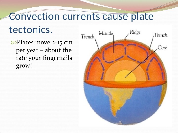 Convection currents cause plate tectonics. Plates move 2 -15 cm per year – about Convection currents cause plate tectonics. Plates move 2 -15 cm per year – about