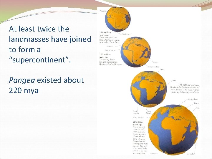 At least twice the landmasses have joined to form a “supercontinent”. Pangea existed about At least twice the landmasses have joined to form a “supercontinent”. Pangea existed about