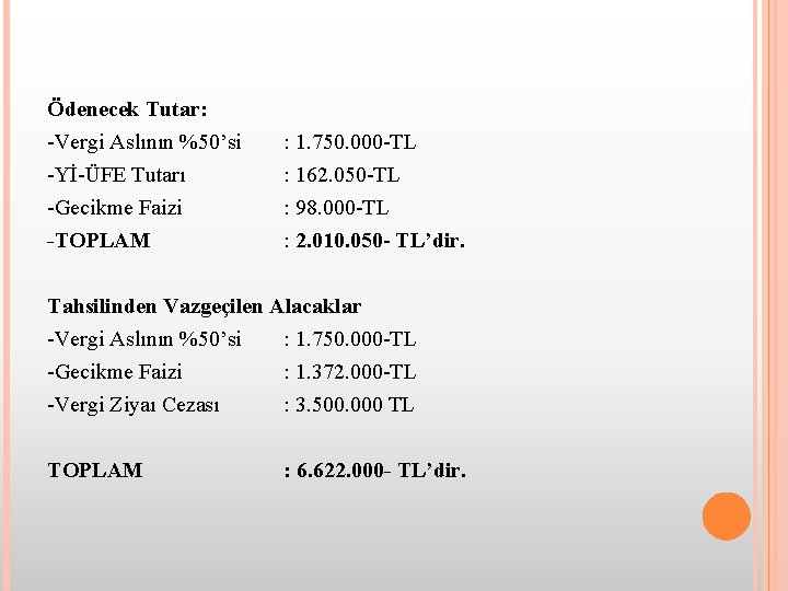 Ödenecek Tutar: -Vergi Aslının %50’si -Yİ-ÜFE Tutarı -Gecikme Faizi : 1. 750. 000 -TL