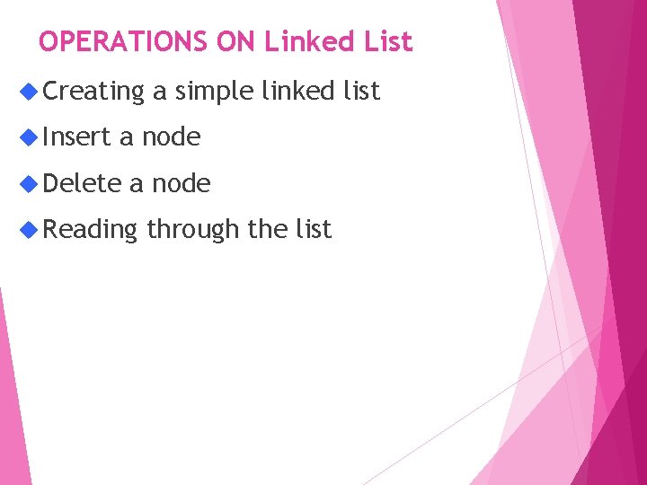 OPERATIONS ON Linked List Creating Insert a simple linked list a node Delete a