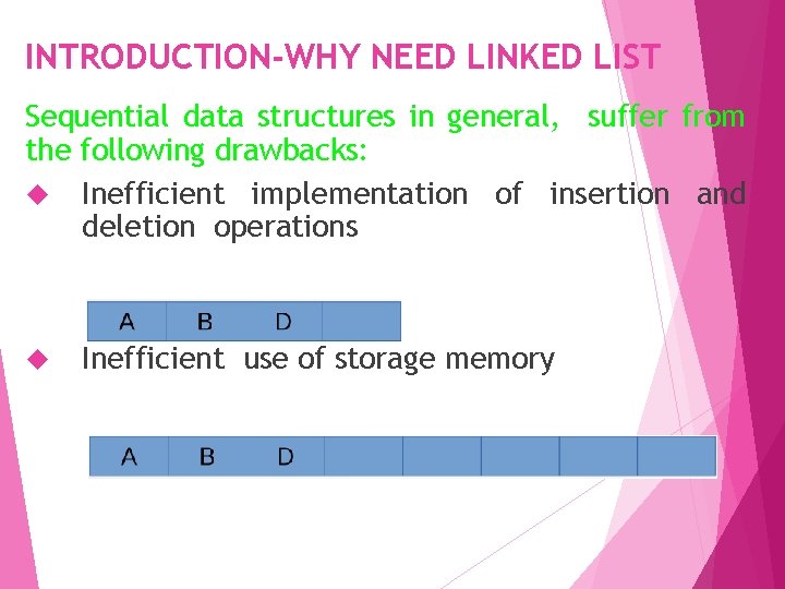 INTRODUCTION-WHY NEED LINKED LIST Sequential data structures in general, suffer from the following drawbacks: