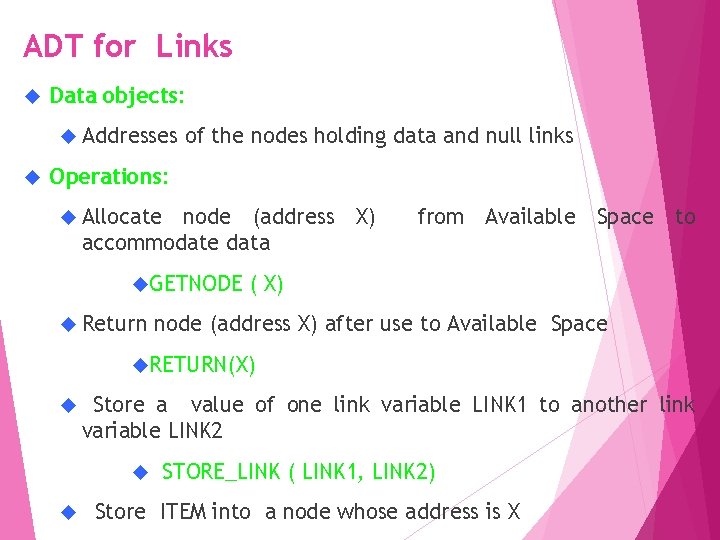 ADT for Links Data objects: Addresses of the nodes holding data and null links