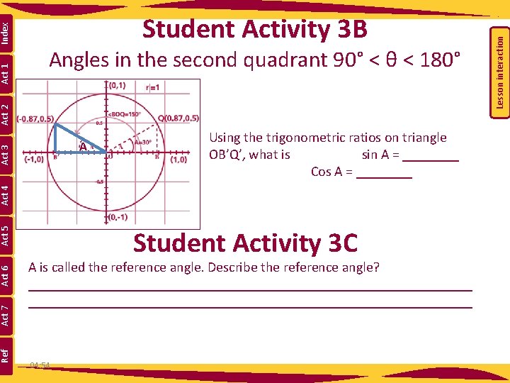 Using the trigonometric ratios on triangle OB’Q’, what is sin A = ____ Cos