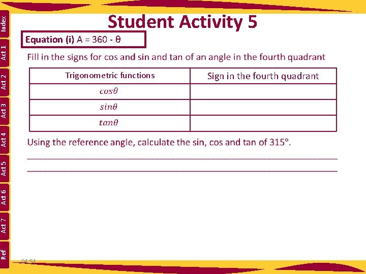 Equation (i) A = 360 - θ Trigonometric functions Ref Act 7 Act 6