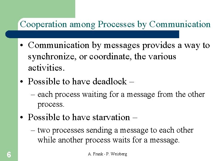 Cooperation among Processes by Communication • Communication by messages provides a way to synchronize,