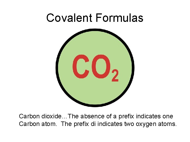 Covalent Formulas Carbon dioxide…The absence of a prefix indicates one Carbon atom. The prefix