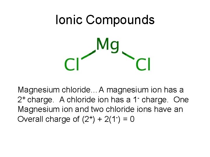 Ionic Compounds Magnesium chloride…A magnesium ion has a 2+ charge. A chloride ion has