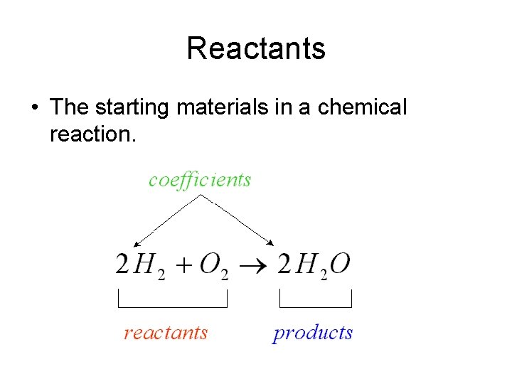 Reactants • The starting materials in a chemical reaction. 