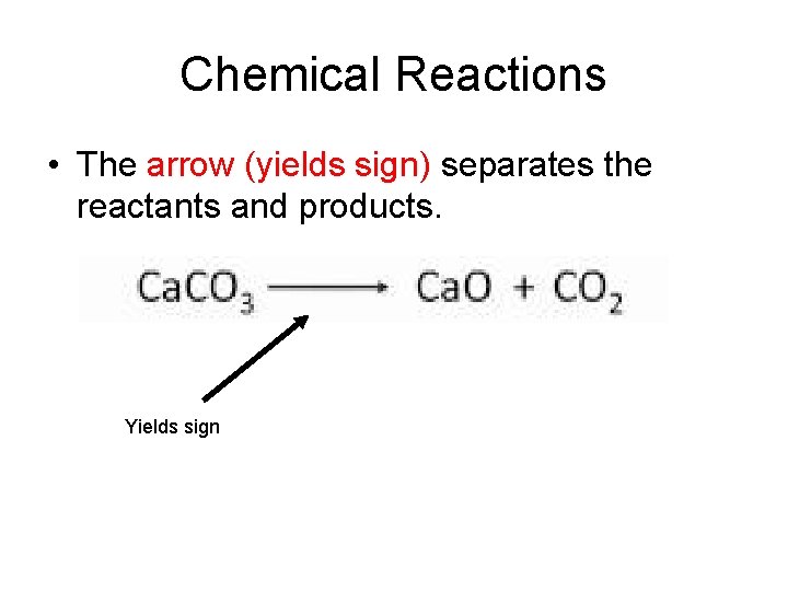 Chemical Reactions • The arrow (yields sign) separates the reactants and products. Yields sign