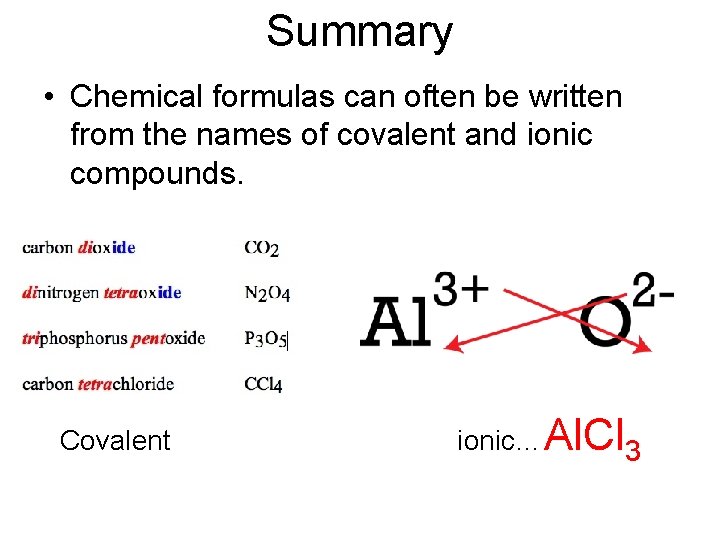 Summary • Chemical formulas can often be written from the names of covalent and