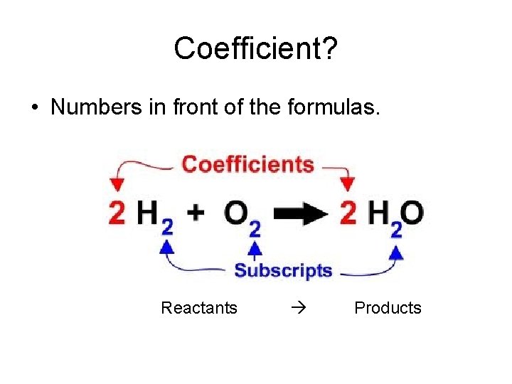 Coefficient? • Numbers in front of the formulas. Reactants Products 