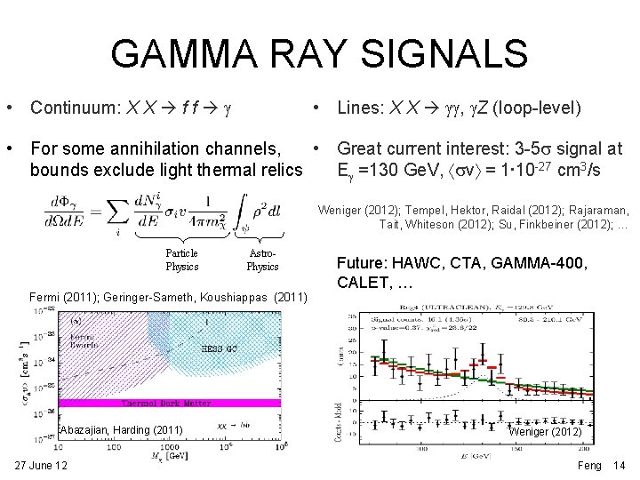 GAMMA RAY SIGNALS • Lines: X X gg, g. Z (loop-level) • Continuum: X