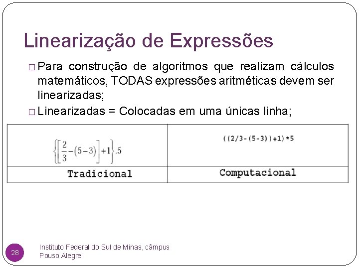 Linearização de Expressões � Para construção de algoritmos que realizam cálculos matemáticos, TODAS expressões