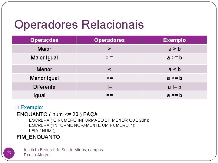 Operadores Relacionais Operações Operadores Exemplo Maior > a > b Maior Igual >= a