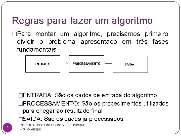 Regras para fazer um algoritmo �Para montar um algoritmo, precisamos primeiro dividir o problema