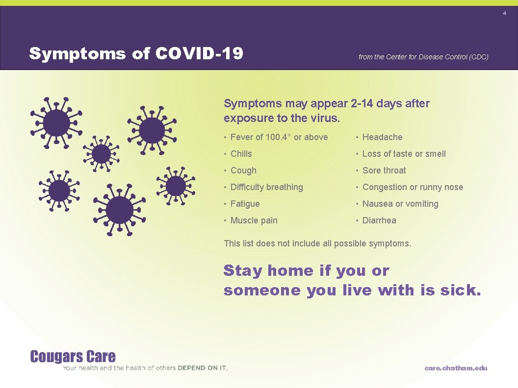 4 Symptoms of COVID-19 from the Center for Disease Control (CDC) Symptoms may appear