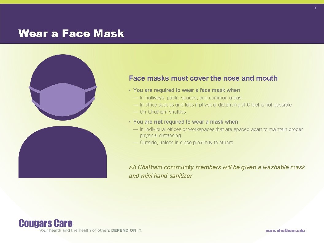 7 Wear a Face Mask Face masks must cover the nose and mouth •