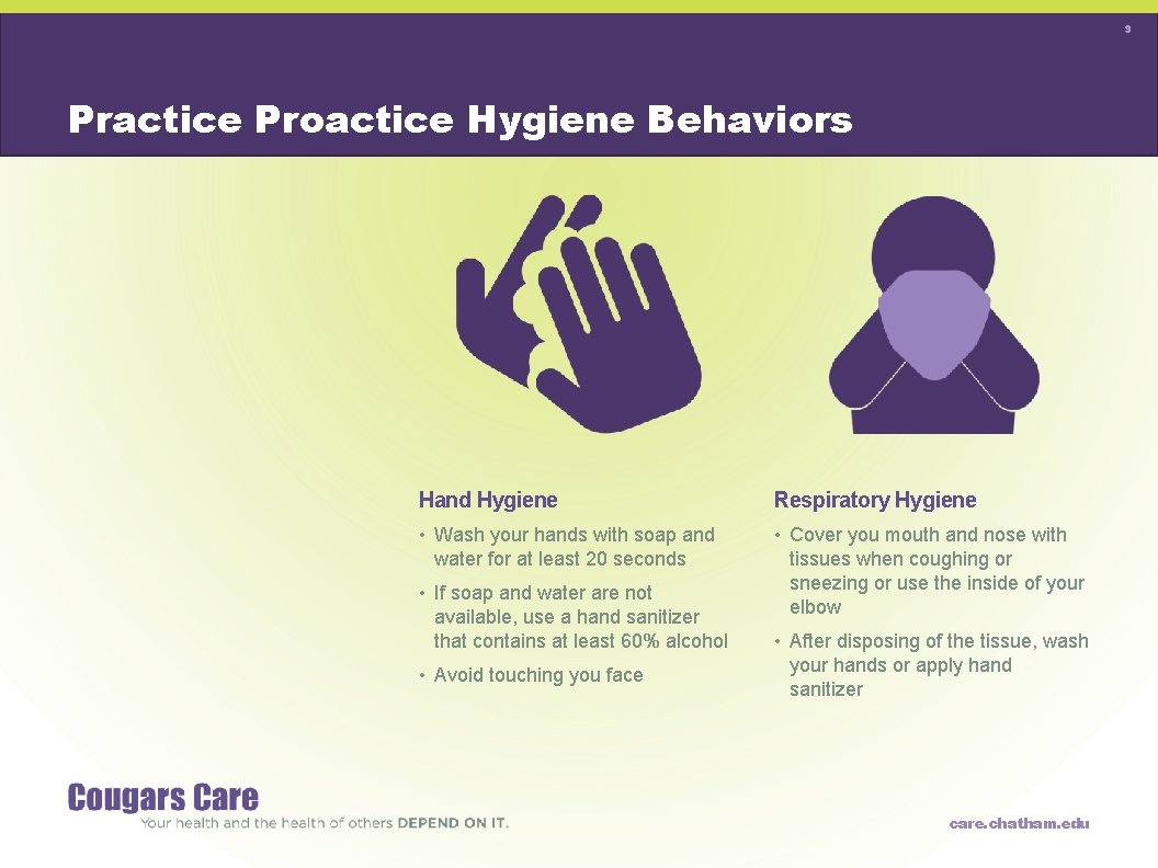 9 Practice Proactice Hygiene Behaviors Hand Hygiene Respiratory Hygiene • Wash your hands with