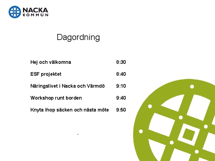 Dagordning Hej och välkomna 8: 30 ESF projektet 8: 40 Näringslivet i Nacka och Dagordning Hej och välkomna 8: 30 ESF projektet 8: 40 Näringslivet i Nacka och