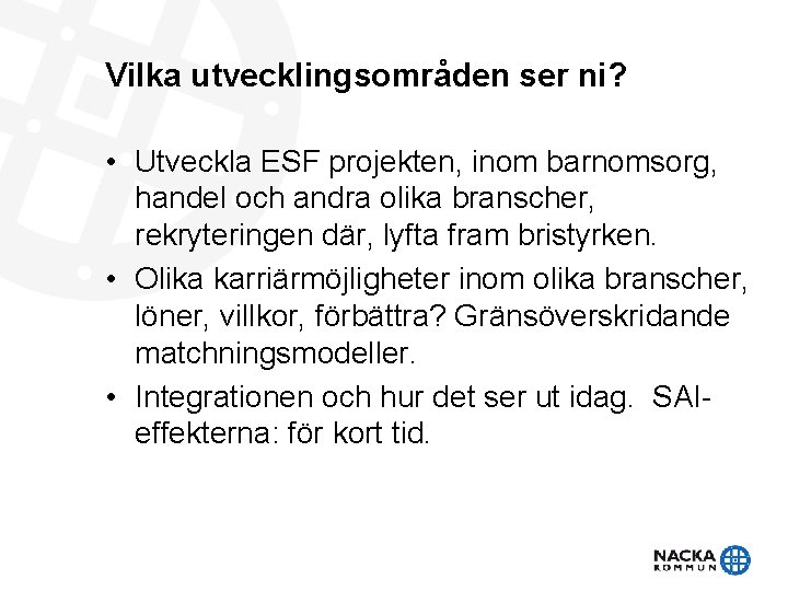 Vilka utvecklingsområden ser ni? • Utveckla ESF projekten, inom barnomsorg, handel och andra olika Vilka utvecklingsområden ser ni? • Utveckla ESF projekten, inom barnomsorg, handel och andra olika