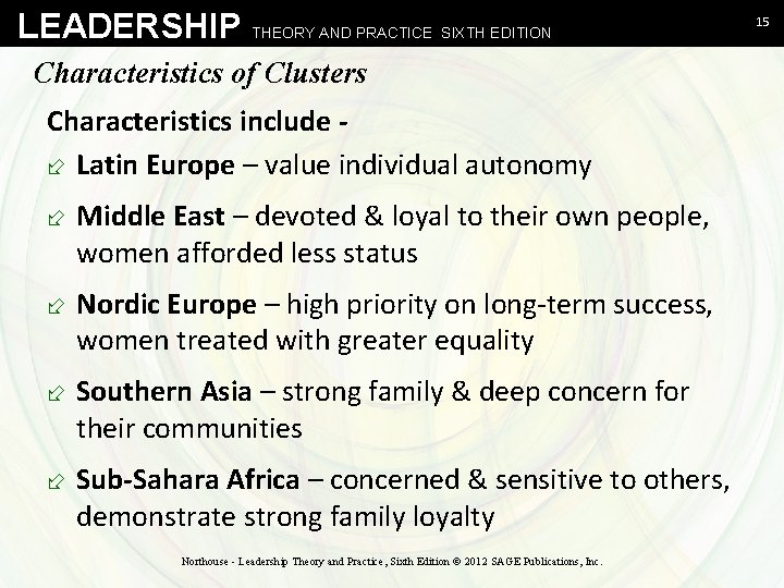 LEADERSHIP THEORY AND PRACTICE SIXTH EDITION Characteristics of Clusters Characteristics include ÷ Latin Europe