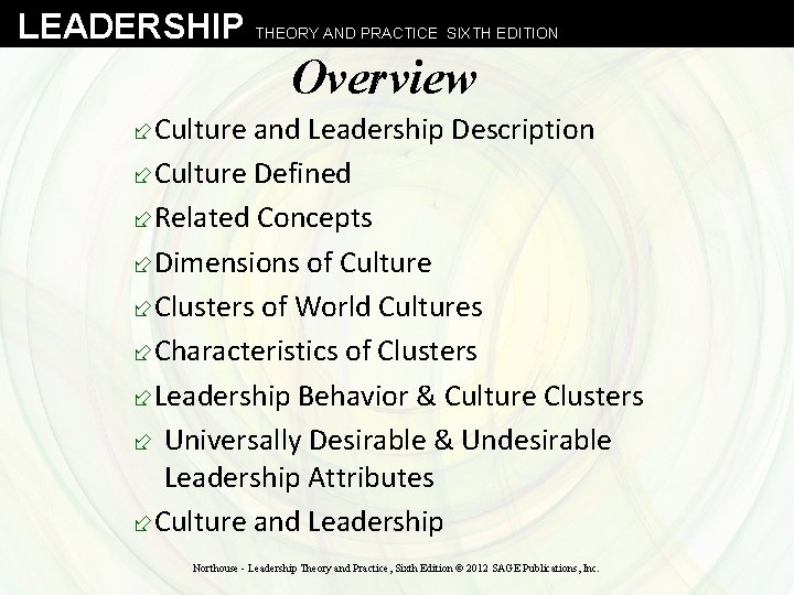 LEADERSHIP THEORY AND PRACTICE SIXTH EDITION Overview ÷Culture and Leadership Description ÷Culture Defined ÷Related