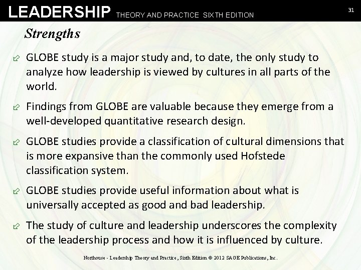 LEADERSHIP THEORY AND PRACTICE SIXTH EDITION Strengths ÷ GLOBE study is a major study