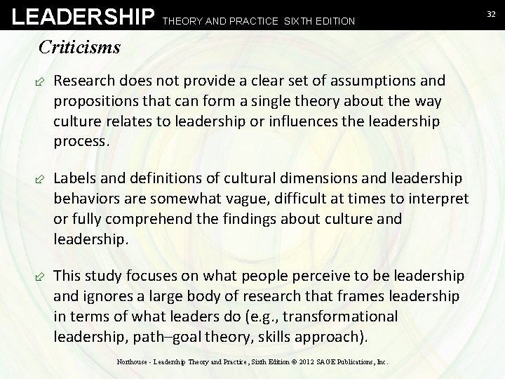 LEADERSHIP THEORY AND PRACTICE SIXTH EDITION Criticisms ÷ Research does not provide a clear