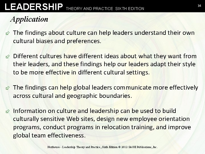LEADERSHIP THEORY AND PRACTICE SIXTH EDITION 34 Application ÷ The findings about culture can