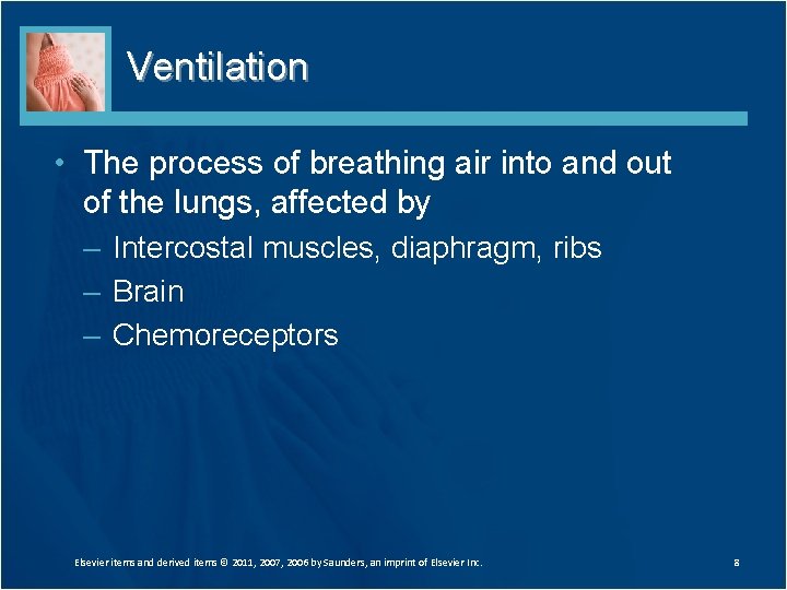 Ventilation • The process of breathing air into and out of the lungs, affected Ventilation • The process of breathing air into and out of the lungs, affected