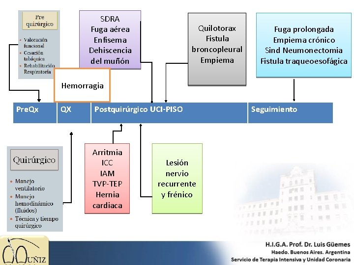 SDRA Fuga aérea Enfisema Dehiscencia del muñón Quilotorax Fistula broncopleural Empiema Fuga prolongada Empiema